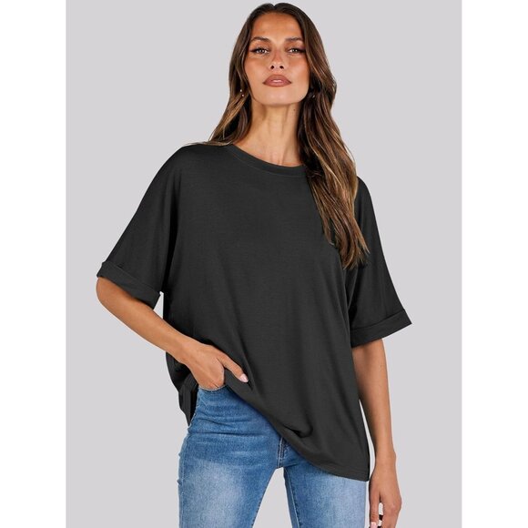💫 Women Casual Loose Basic Tee Shirt Black Short Sleeve Trendy Fashion Tops - Picture 4 of 8